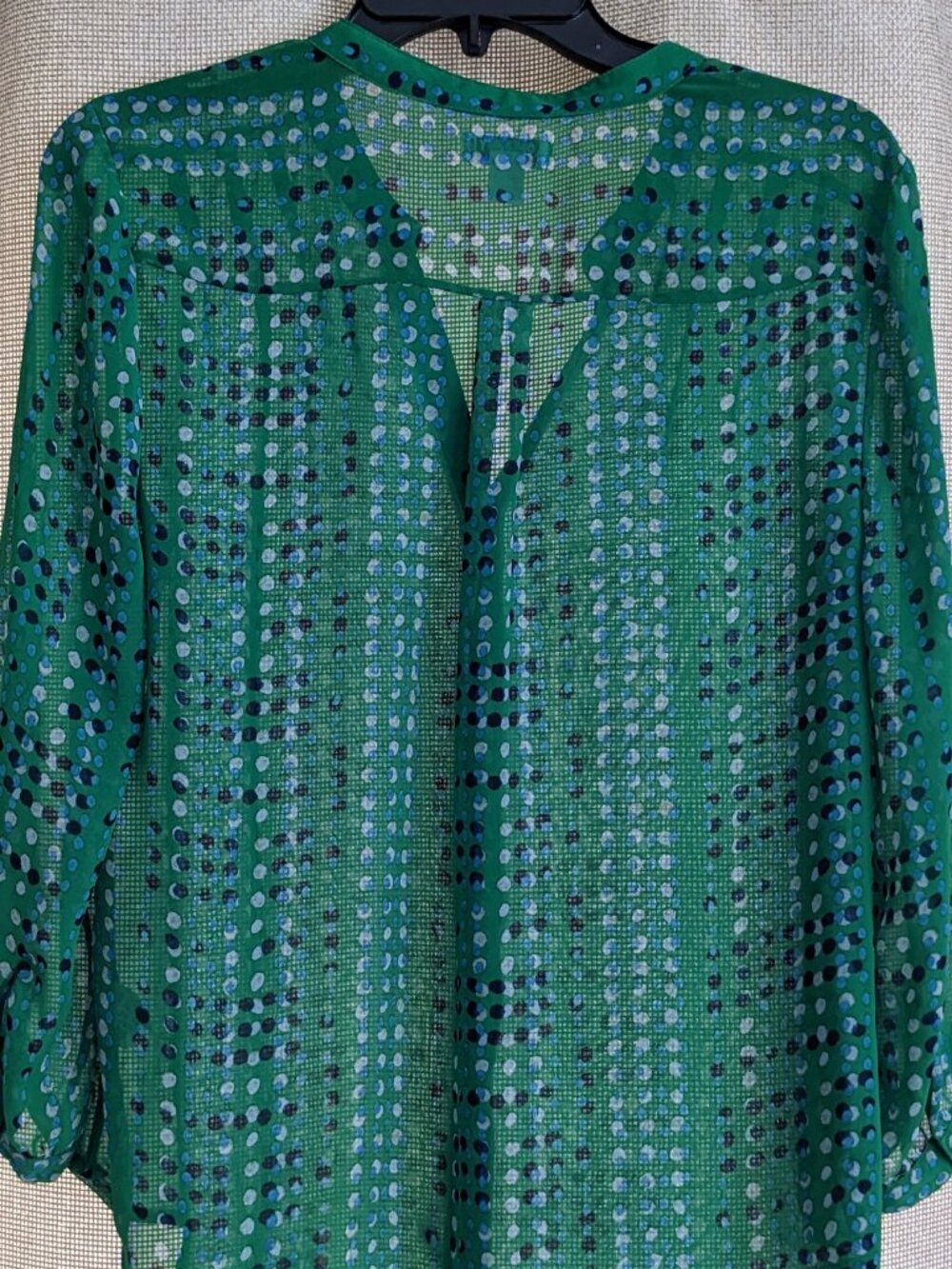 Old Navy Sheer Green Polka Dot Button Up Mid Length Sleeve Blouse, Size M